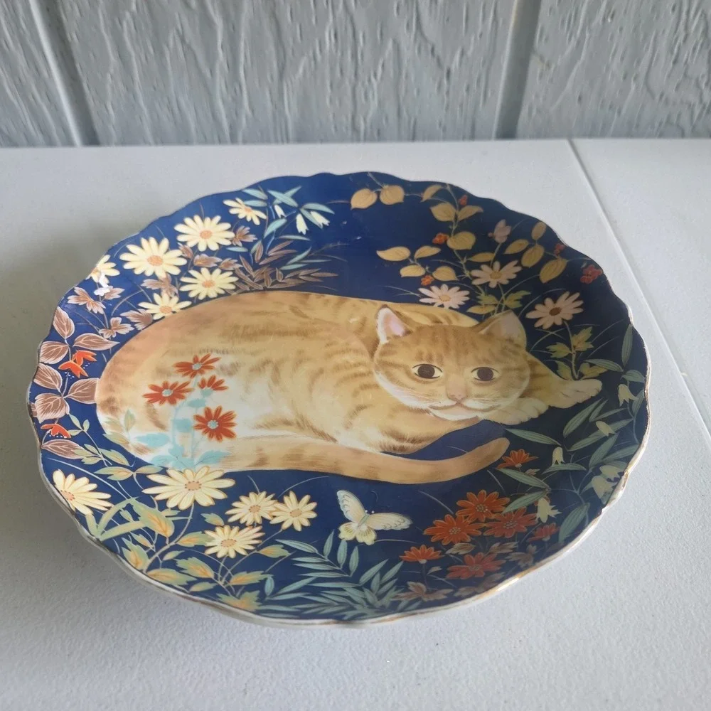 Cathy Takahashi Tabby Cat Flowers Trinket Ring Dish Plate Ireland 1984 Vintage